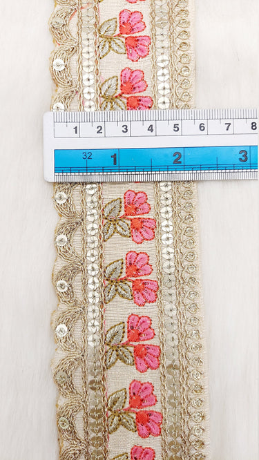 Art Silk Trim Gold Embroidered Sequins Pink Floral Trim, Decorative Trim, Indian Sari Border